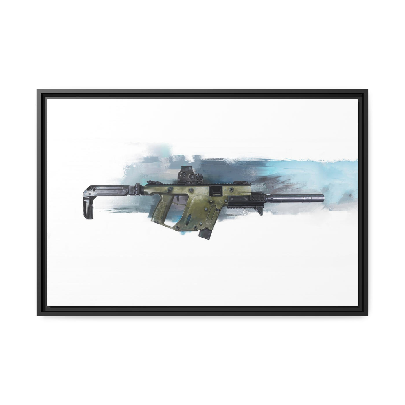 The Vindicator - Suppressed SMG Painting - Blue Background - Black Framed Wrapped Canvas - Value Collection