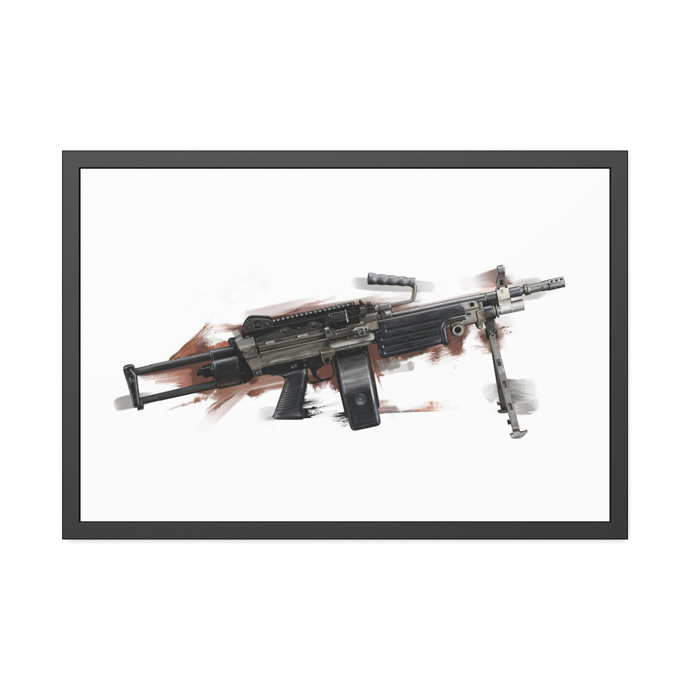 Belt-Fed 5.56x45mm Light Machine Gun Painting - Red Background - Black Frame - Value Collection