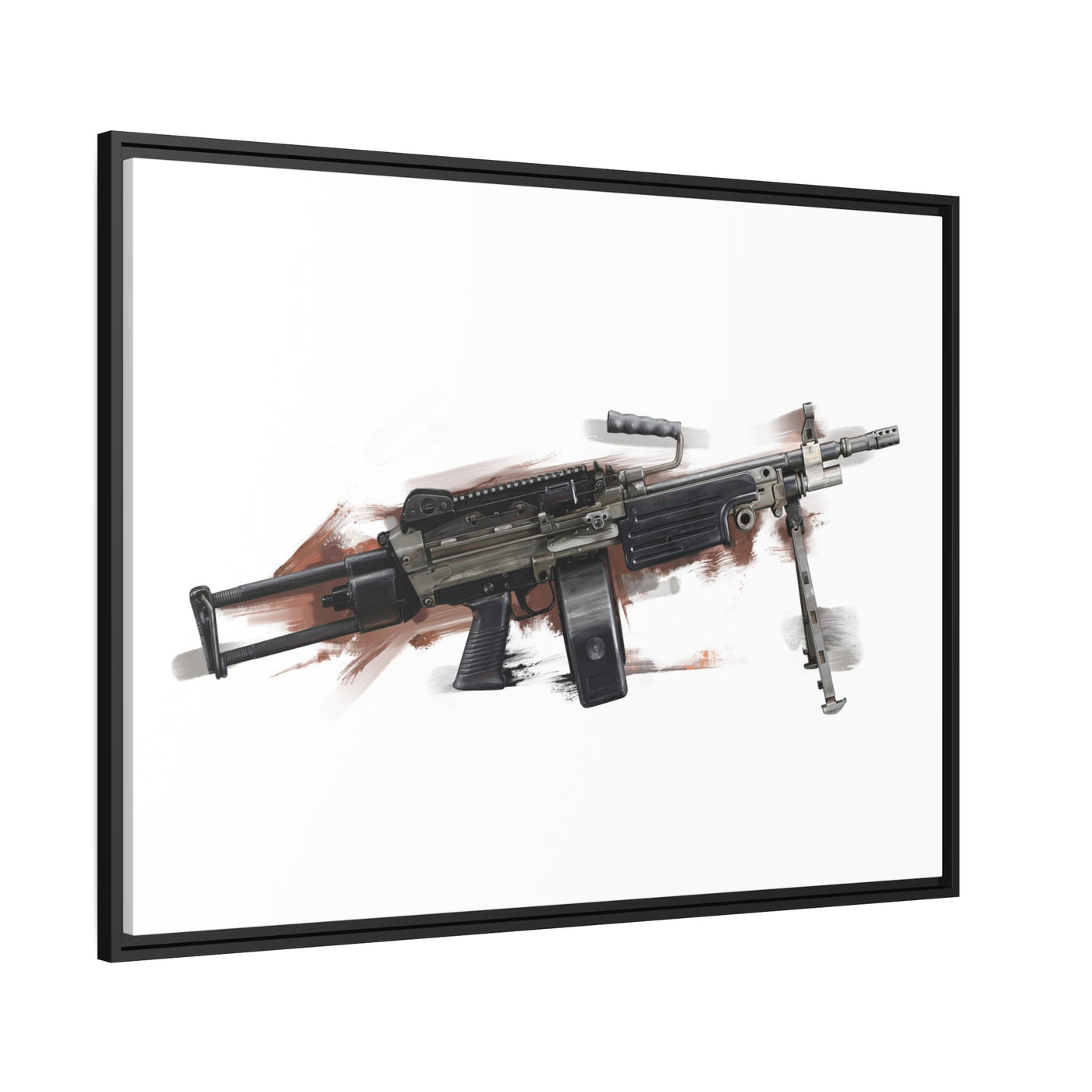 Belt-Fed 5.56x45mm Light Machine Gun Painting - Red Background - Black Framed Wrapped Canvas - Value Collection