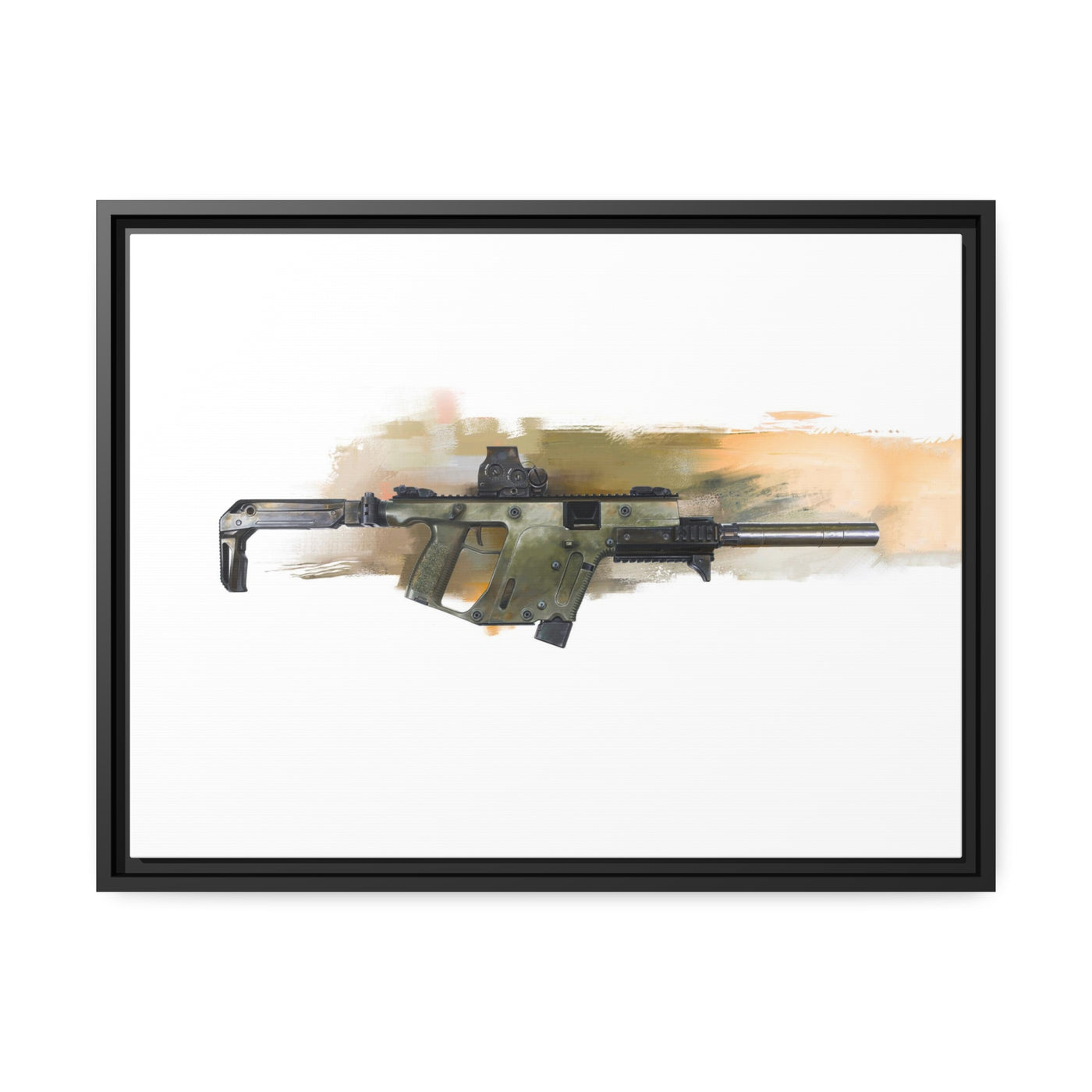 The Vindicator - Suppressed SMG Painting - Yellow Background - Black Framed Wrapped Canvas - Value Collection