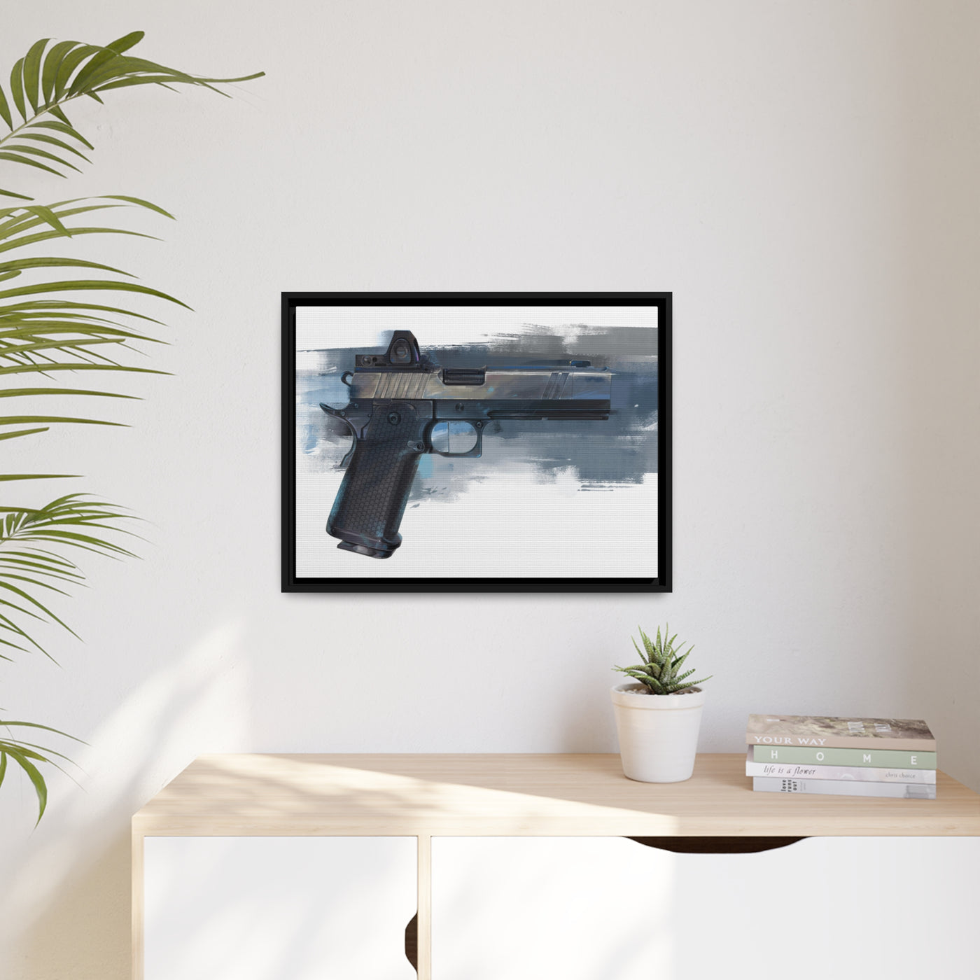 2011 Charlie - Pistol Painting - Blue Background - Black Framed Wrapped Canvas - Value Collection