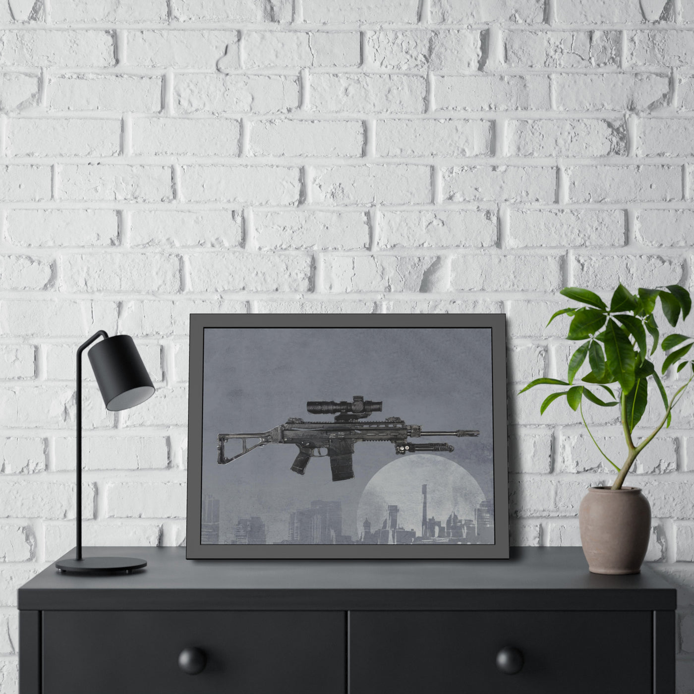 The Urban Sniper Painting - Grey Background - Black Frame - Value Collection