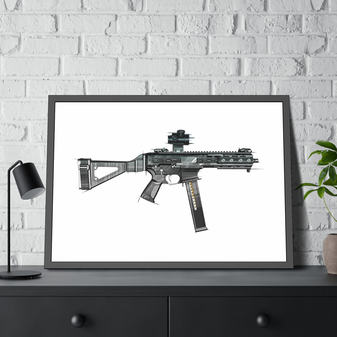 .45 Cal SMG Painting - Just The Piece - Black Frame - Value Collection