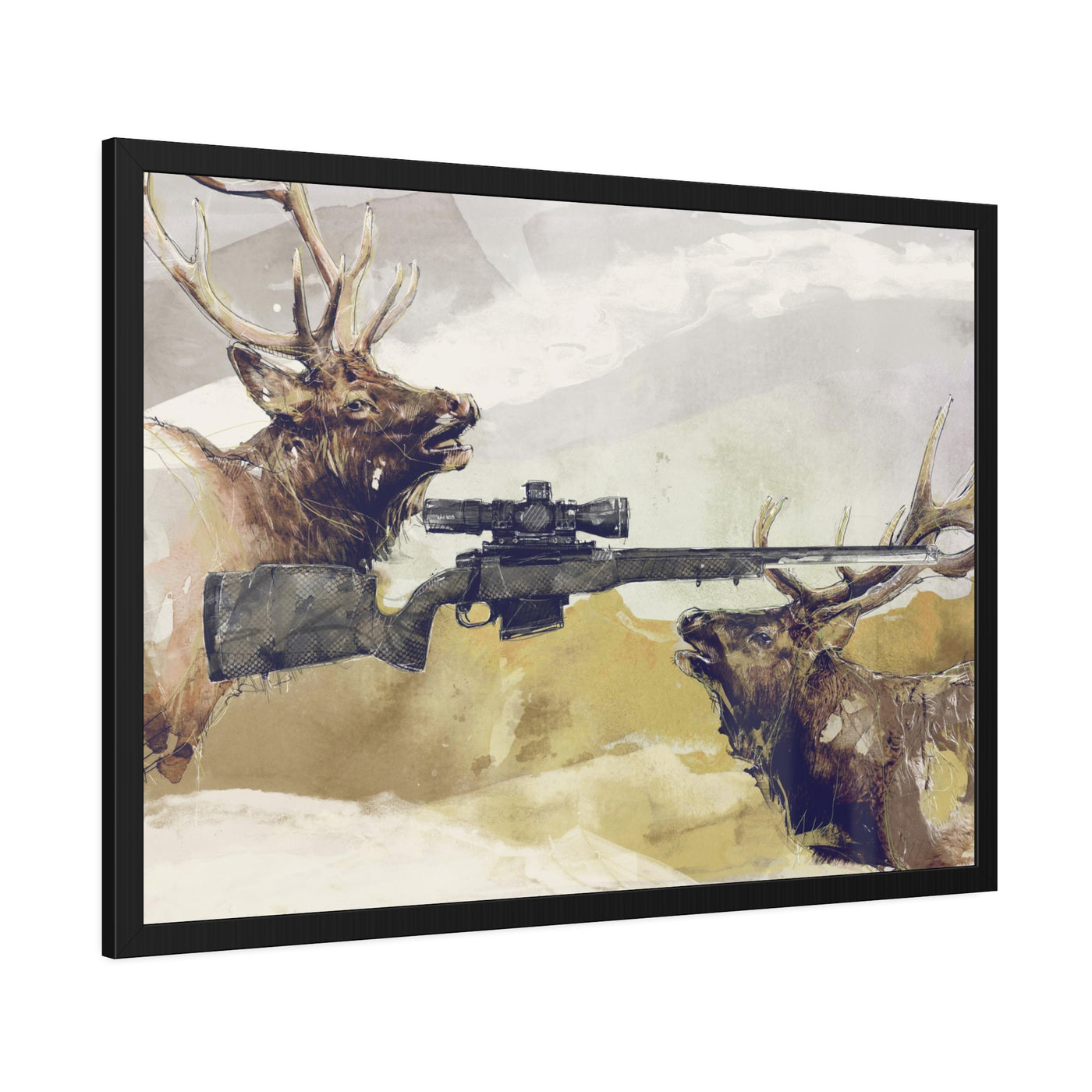 Elk Hunting Rifle Painting - Black Frame - Value Collection