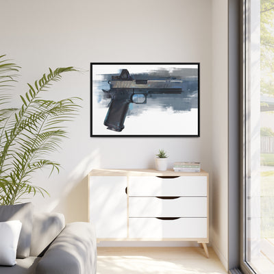 2011 Charlie - Pistol Painting - Blue Background - Black Framed Wrapped Canvas - Value Collection