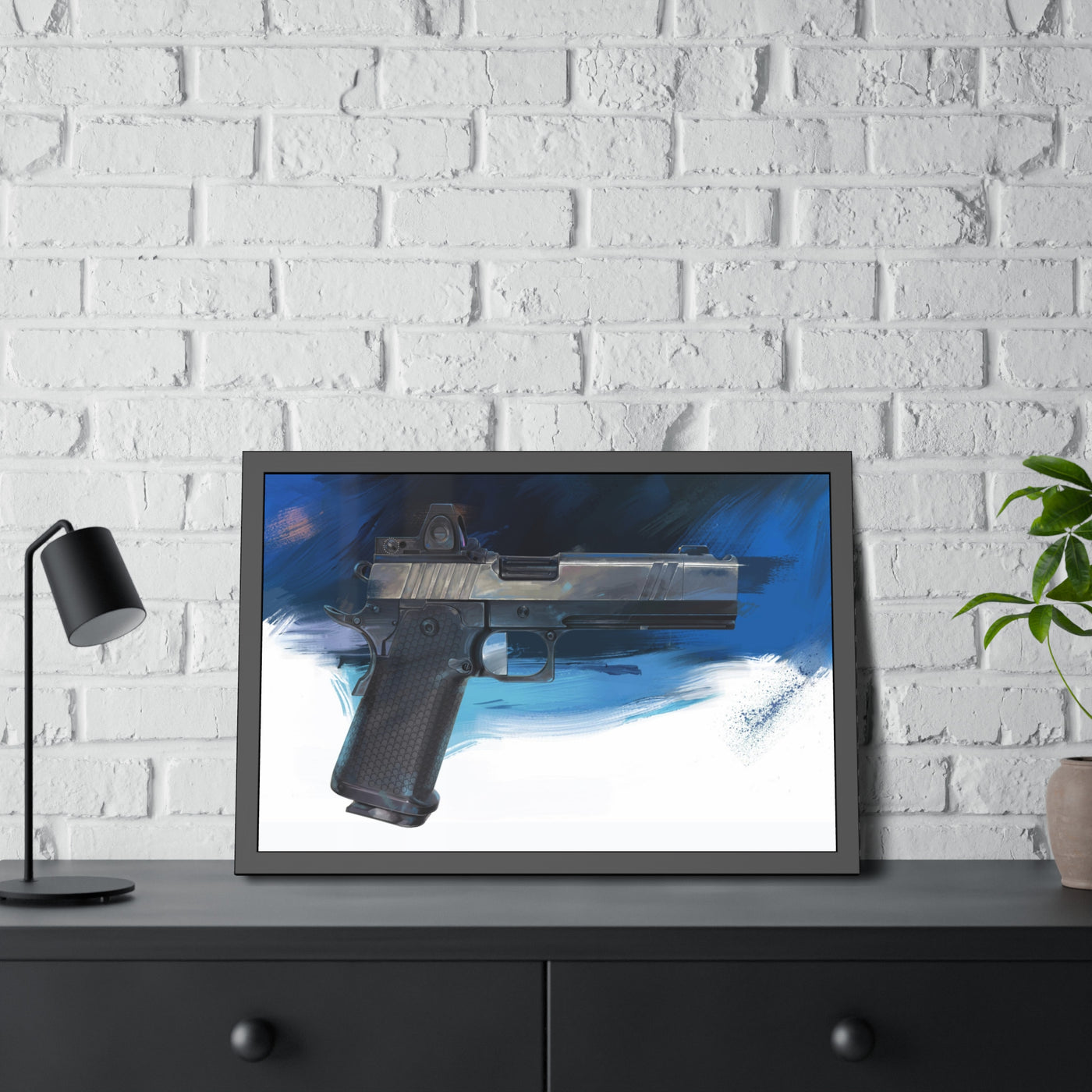 2011 Charlie - Pistol Painting - Dark Blue Background - Black Frame - Value Collection