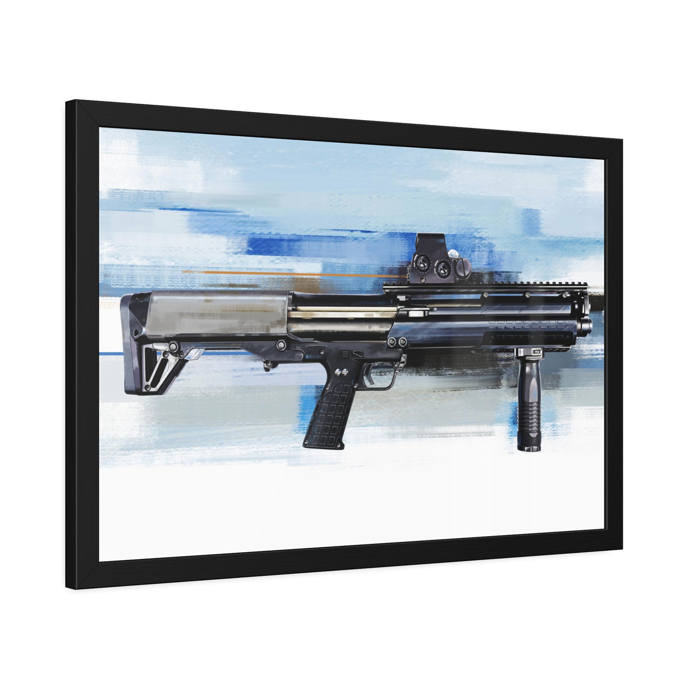 Tactical Bullpup Shotgun Painting - Blue Background - Black Frame - Value Collection