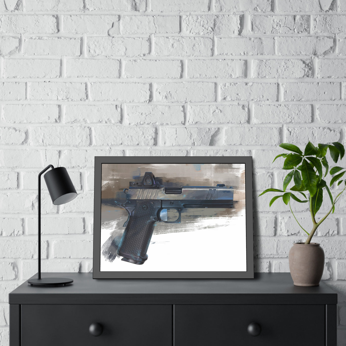 2011 Charlie - Pistol Painting - Brown Background - Black Frame - Value Collection