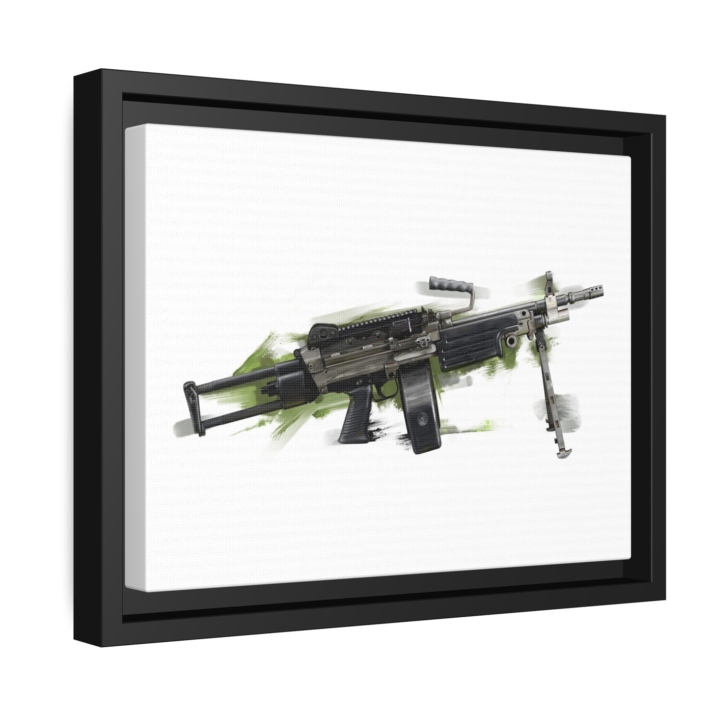 Belt-Fed 5.56x45mm Light Machine Gun Painting - Green Background - Black Framed Wrapped Canvas - Value Collection