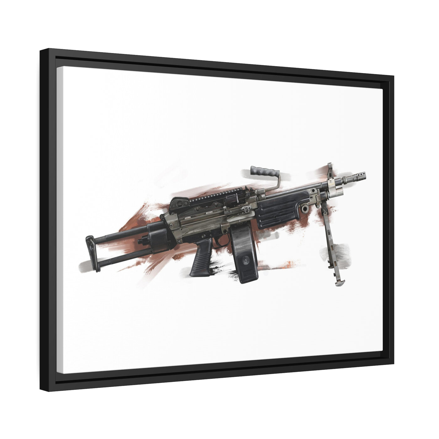 Belt-Fed 5.56x45mm Light Machine Gun Painting - Red Background - Black Framed Wrapped Canvas - Value Collection