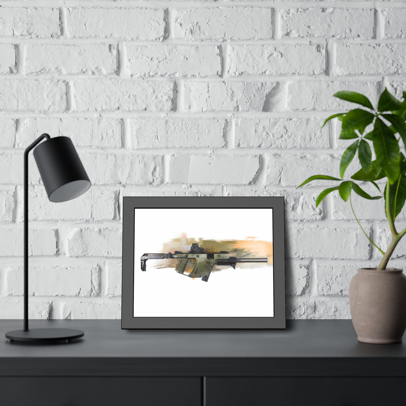 The Vindicator - Suppressed SMG Painting - Yellow Background - Black Frame - Value Collection