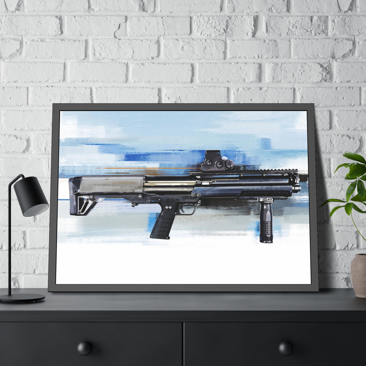 Tactical Bullpup Shotgun Painting - Blue Background - Black Frame - Value Collection