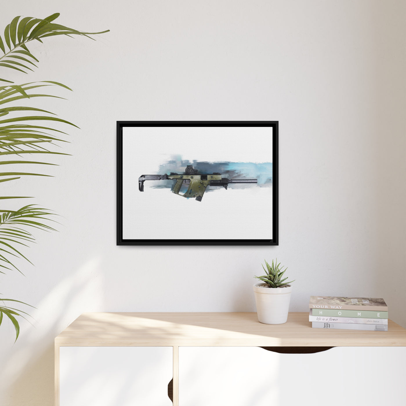 The Vindicator - Suppressed SMG Painting - Blue Background - Black Framed Wrapped Canvas - Value Collection