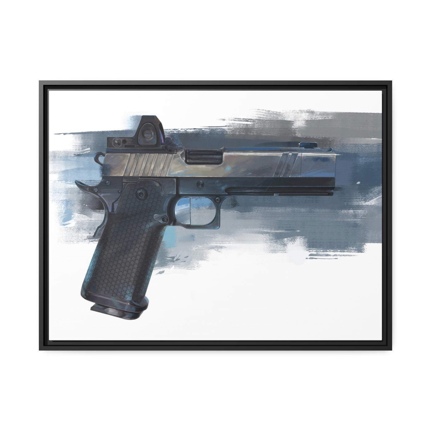 2011 Charlie - Pistol Painting - Blue Background - Black Framed Wrapped Canvas - Value Collection