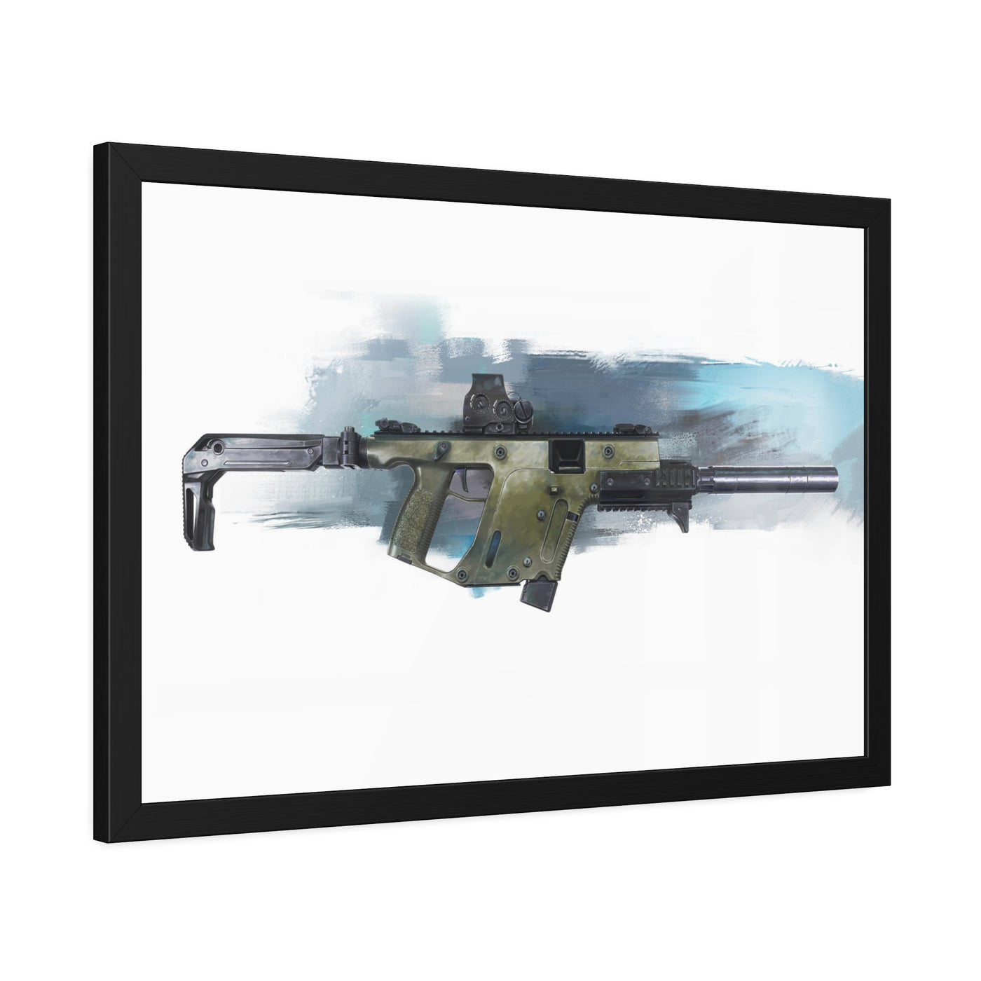 The Vindicator - Suppressed SMG Painting - Blue Background - Black Frame - Value Collection