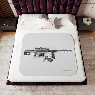 The Long-Range Legend - .50 Cal BMG Rifle Sherpa Blanket - Blue Background