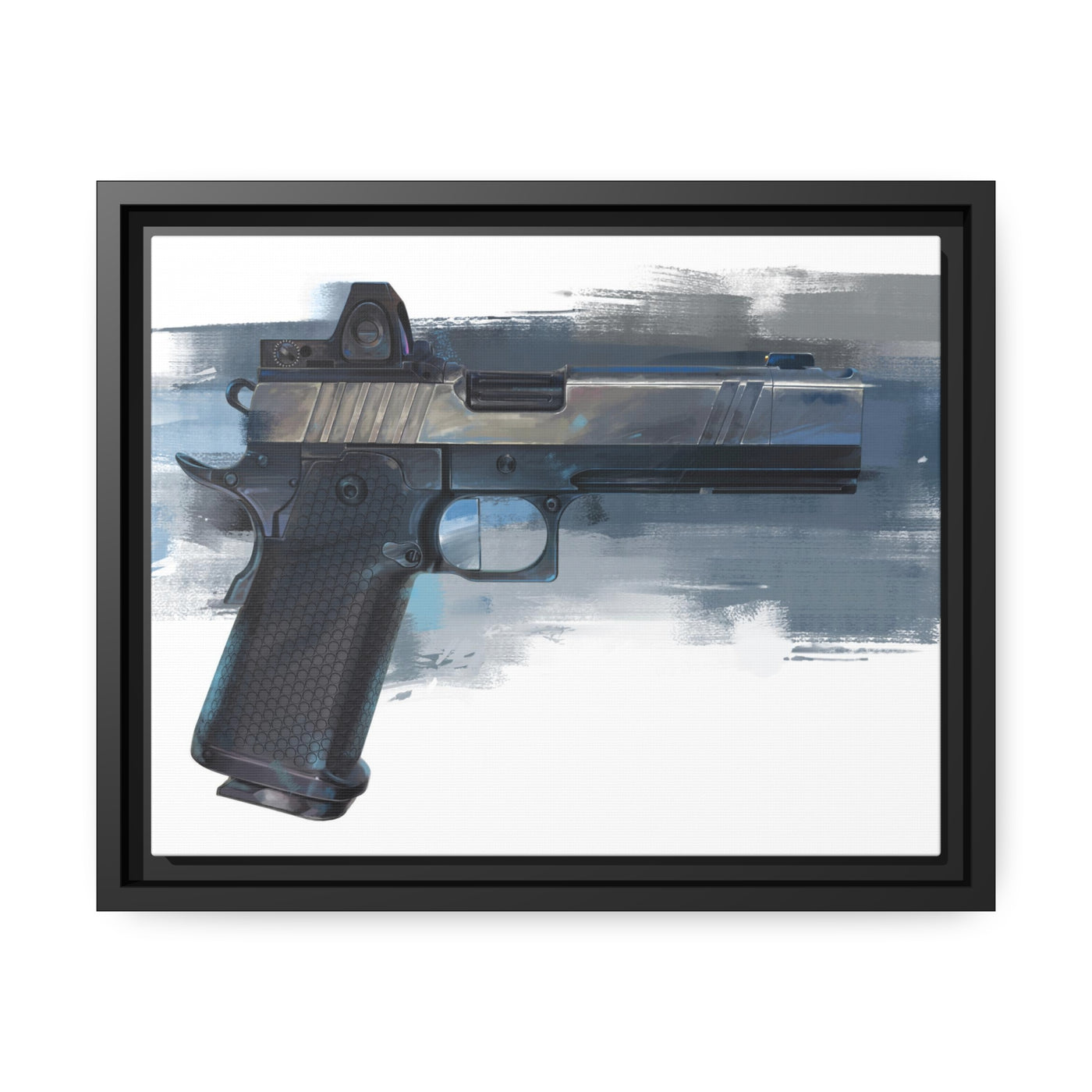 2011 Charlie - Pistol Painting - Blue Background - Black Framed Wrapped Canvas - Value Collection