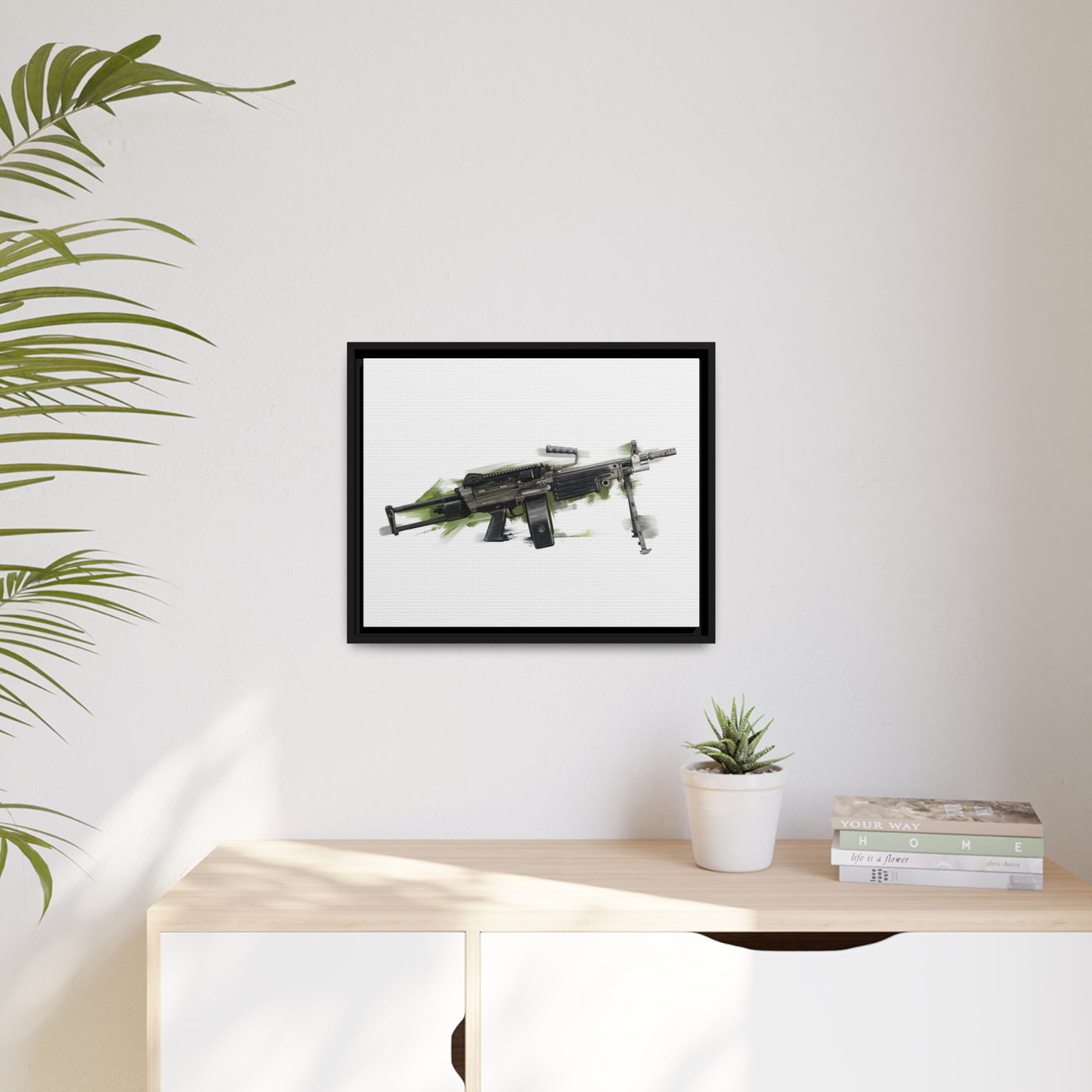 Belt-Fed 5.56x45mm Light Machine Gun Painting - Green Background - Black Framed Wrapped Canvas - Value Collection