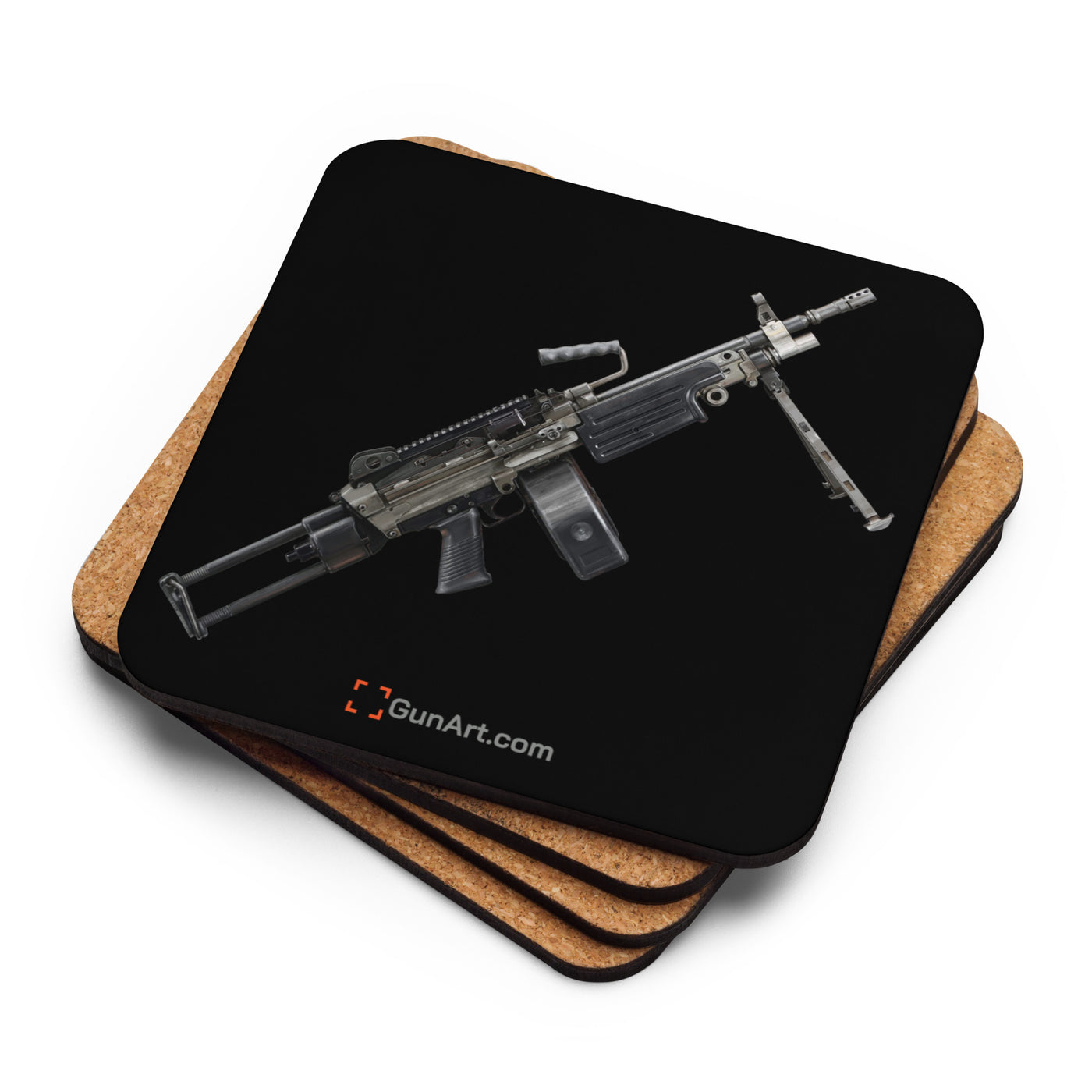 Belt-Fed 5.56x45mm Light Machine Gun Cork-back Coaster - Black Background