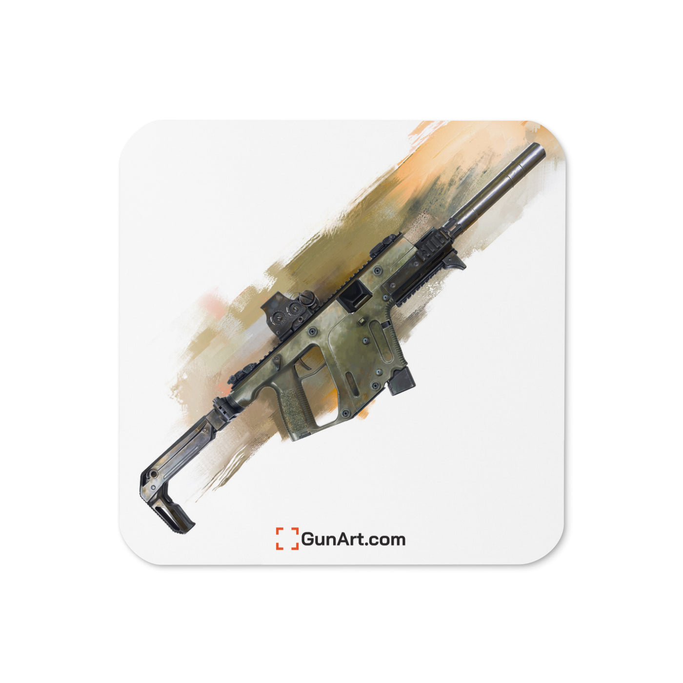 The Vindicator - Suppressed SMG Cork-back Coaster - Yellow Background