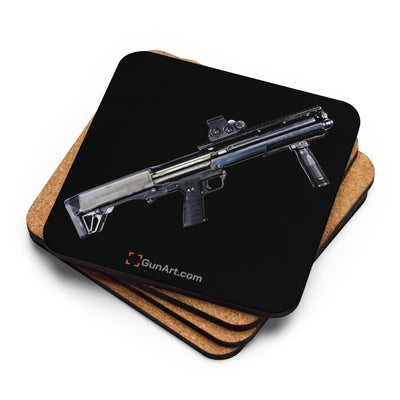 Tactical Bullpup Shotgun Cork-back Coaster - Just The Piece - Black Background