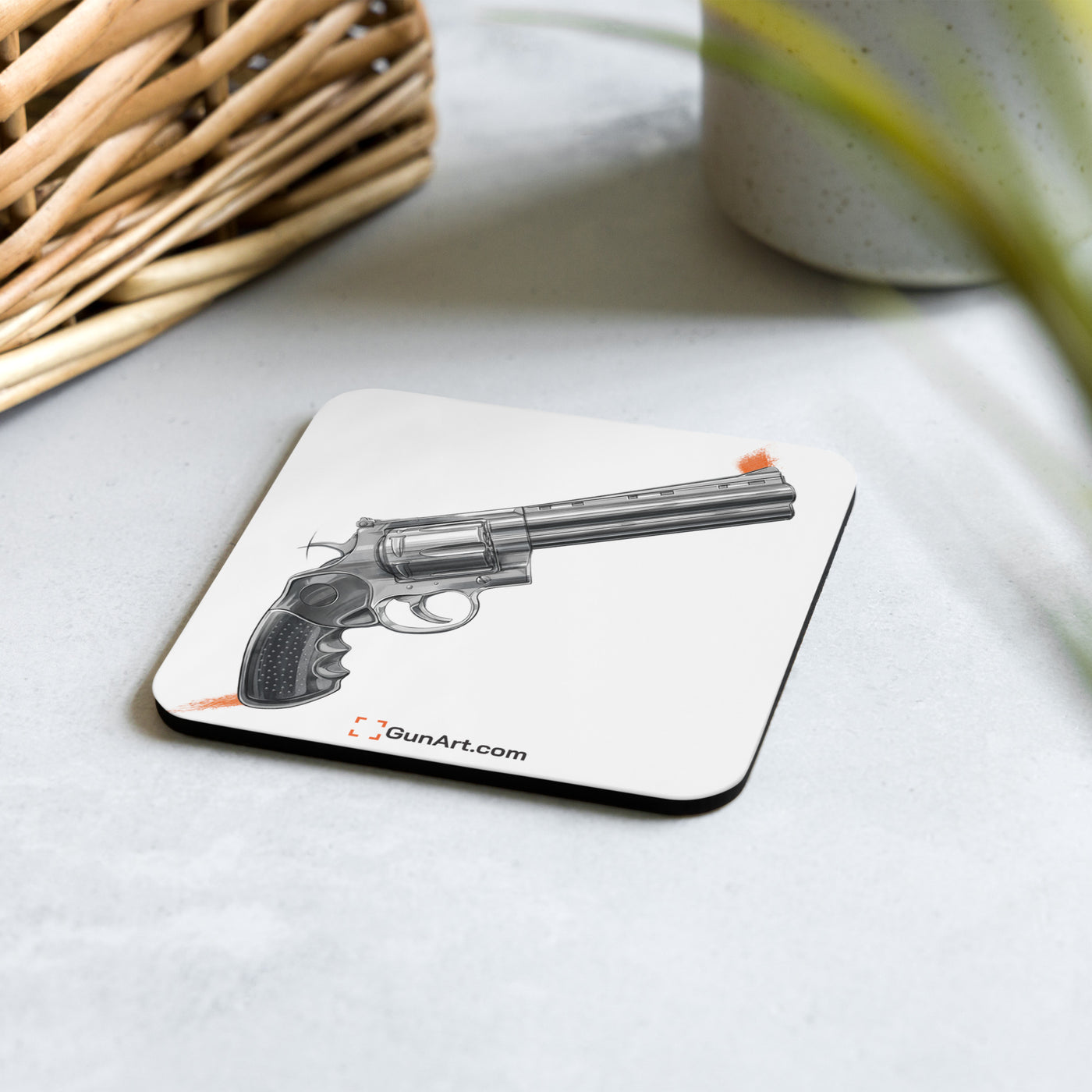 Stainless .44 Mag Revolver Cork-back Coaster - Just The Piece - White Background