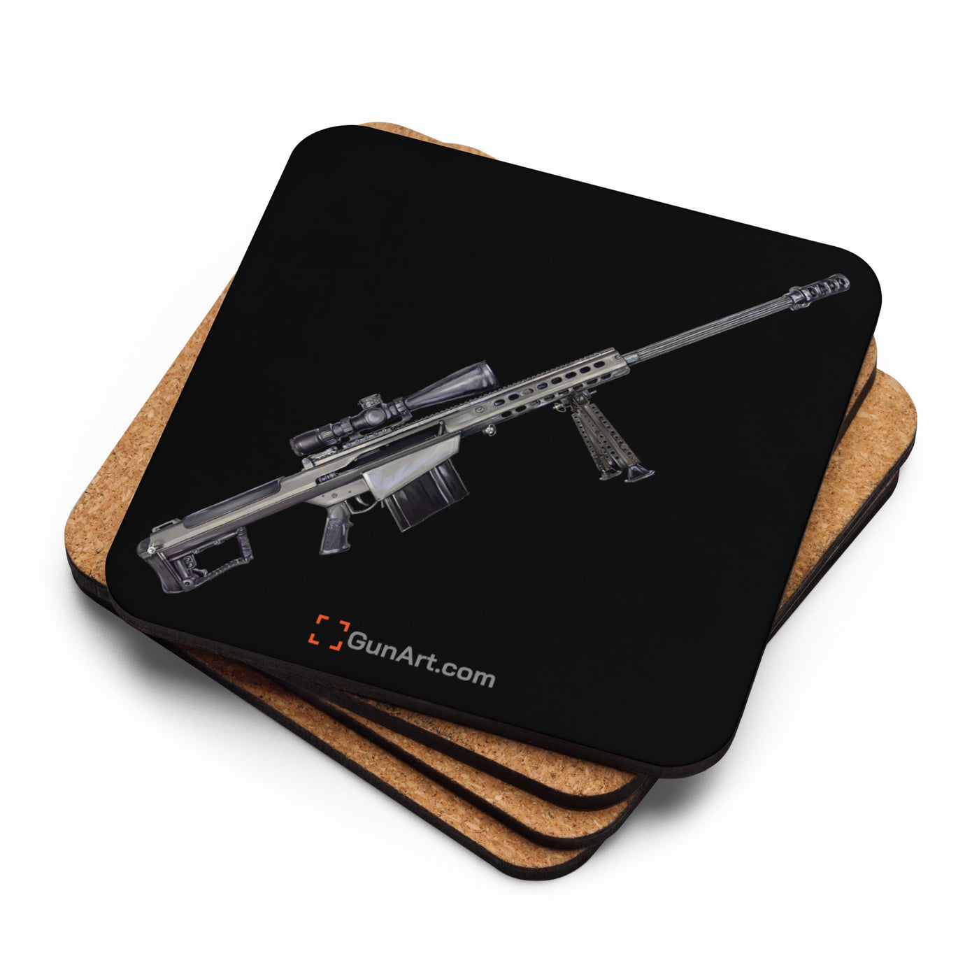 The Long-Range Legend - .50 Cal BMG Rifle Cork-back Coaster - Just The Piece - Black Background