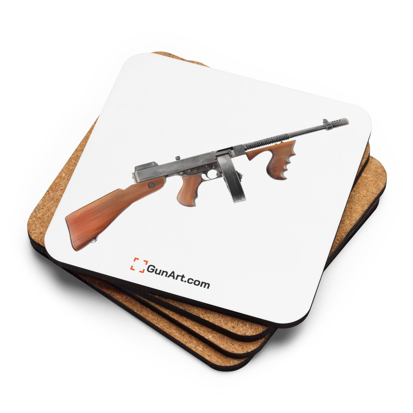 The “OG” Mobster Machine Gun Cork-back Coaster - White Background - Just The Piece