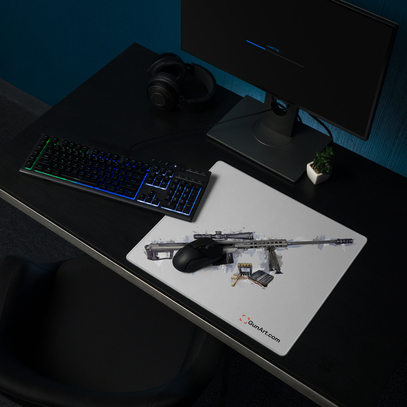 The Long-Range Legend - Blue .50 Cal BMG Rifle Gaming Mouse Pad - Grey Background
