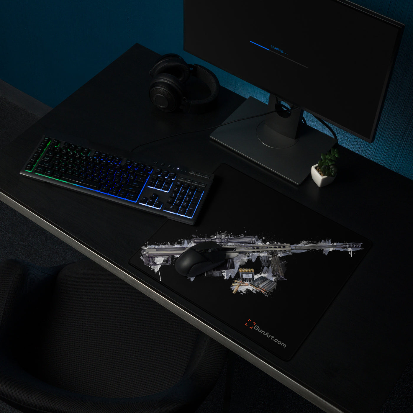 The Long-Range Legend - Blue .50 Cal BMG Rifle Gaming Mouse Pad - Black Background