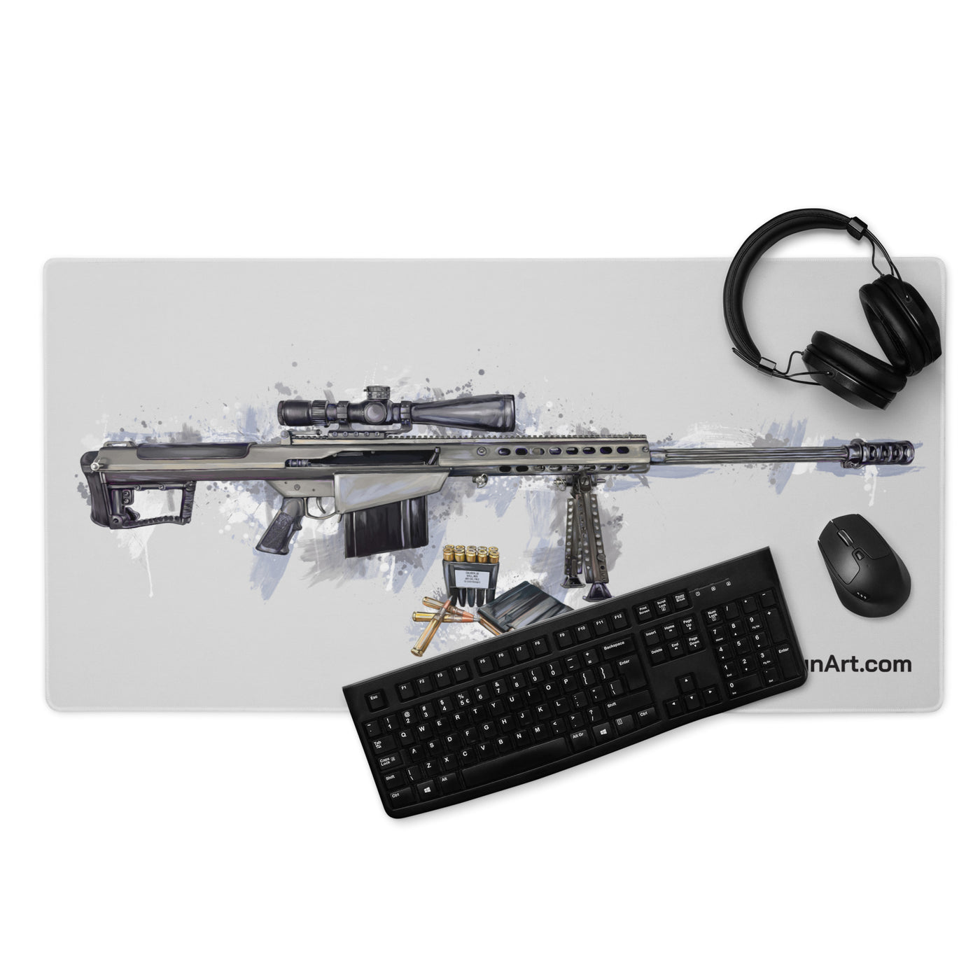 The Long-Range Legend - Blue .50 Cal BMG Rifle Gaming Mouse Pad - Grey Background