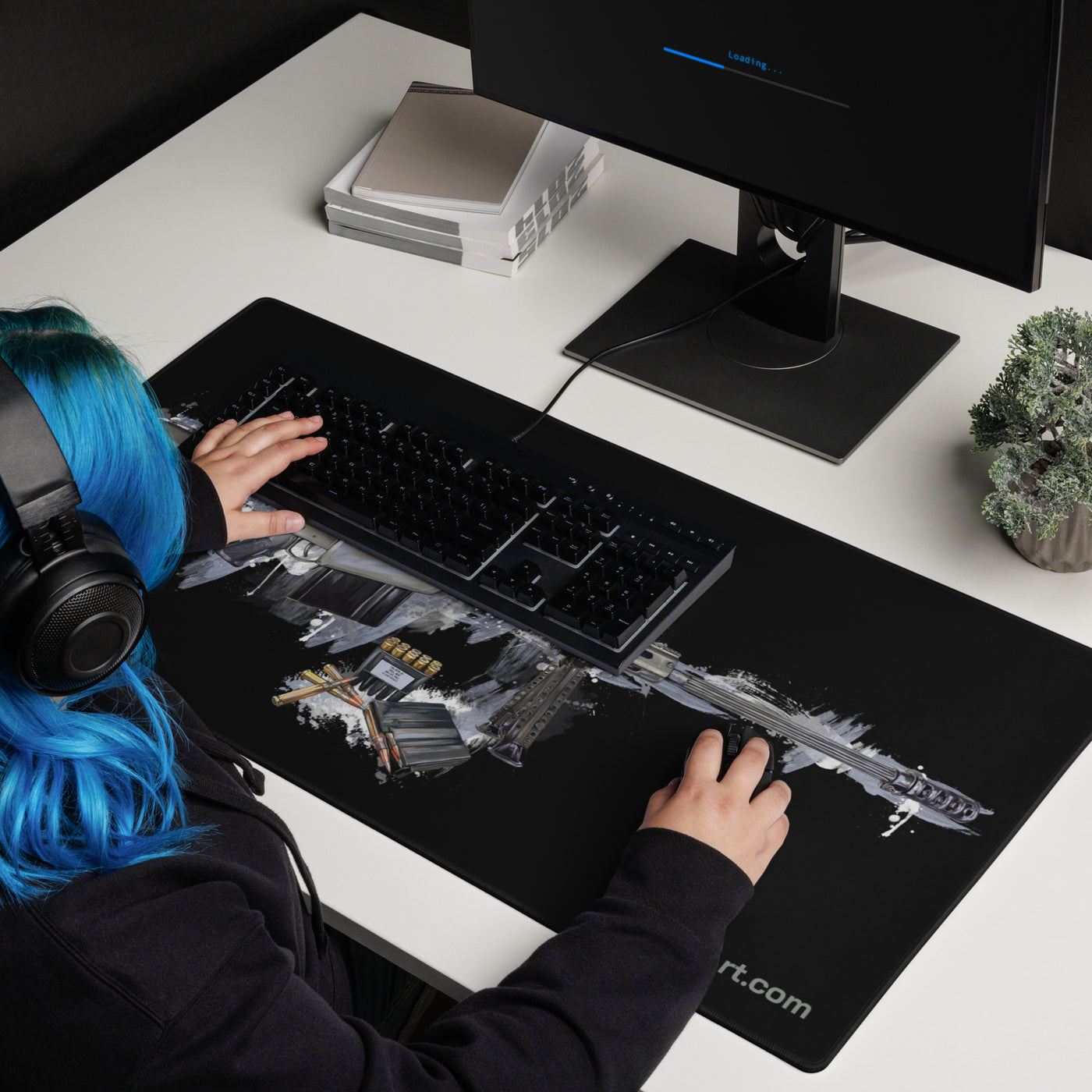 The Long-Range Legend - Blue .50 Cal BMG Rifle Gaming Mouse Pad - Black Background