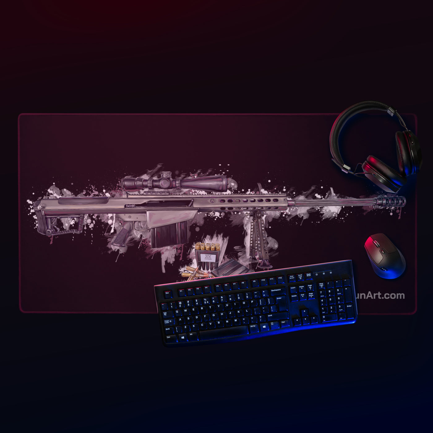 The Long-Range Legend - Purple .50 Cal BMG Rifle Gaming Mouse Pad - Black Background