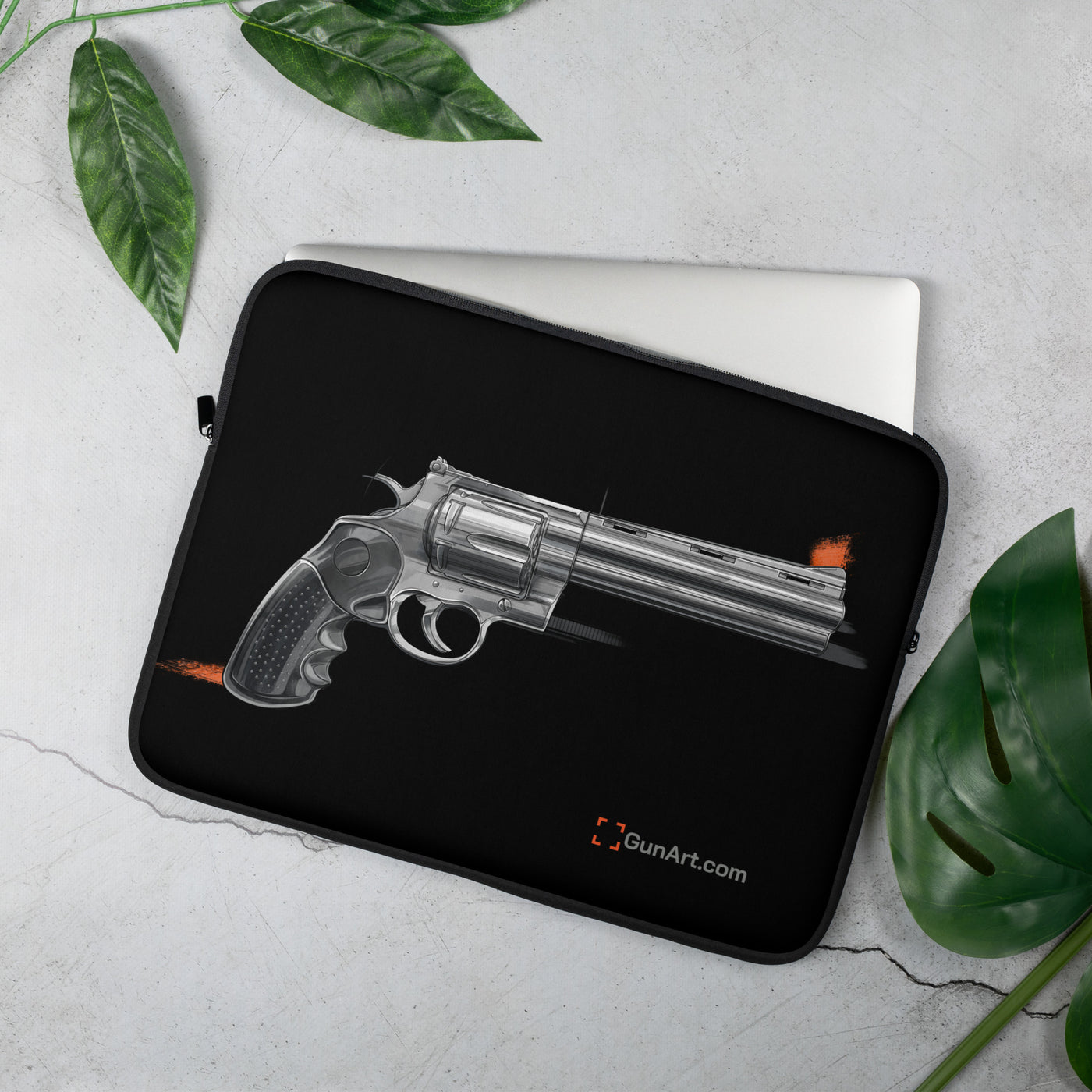 Stainless .44 Mag Revolver Laptop Sleeve - Black Background